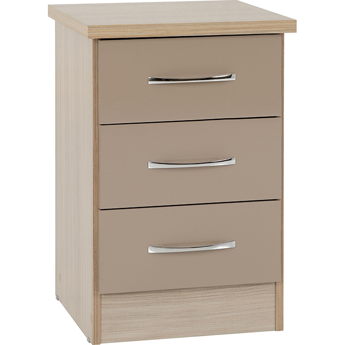 Nevada 3 Drawer Bedside Chest In Oyster Gloss & Light Oak Effect